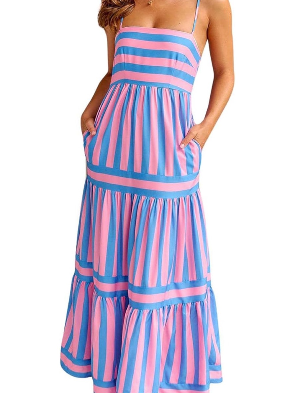 Striped Pink & Blue Spaghetti Strap Maxi Dress
